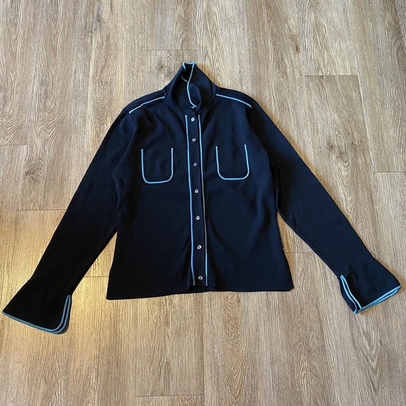 BCBG Cardigan Black Blue Trim Long Bell Vented Sleeve Knit Sweater Women's Large - Picture 5 of 5